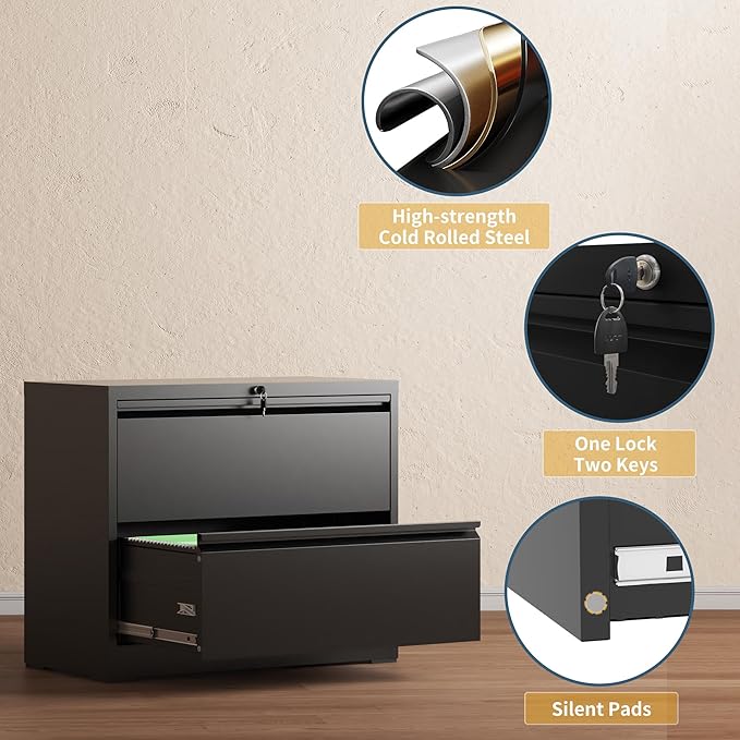 2 Drawer File Cabinet with Lock, Lateral Filing Cabinets,Metal Storage Filing Cabinets for Home Office, Heavy Duty File Cabinet for Letter/Legal/A4/F4 Size Amssebly Required, Black