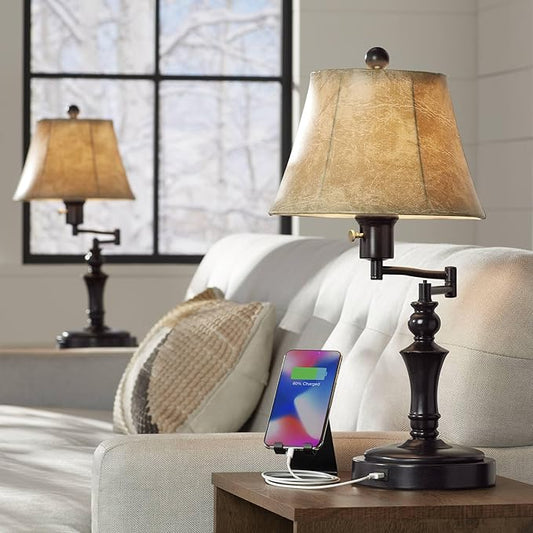 Regency Hill Corey 21 3/4" High Small Farmhouse Rustic Traditional Desk Lamps Set of 2 USB Port with Socket Swing Arm Brown Bronze Finish Metal Shade Home Office Living Room Charging Bedroom Bedside