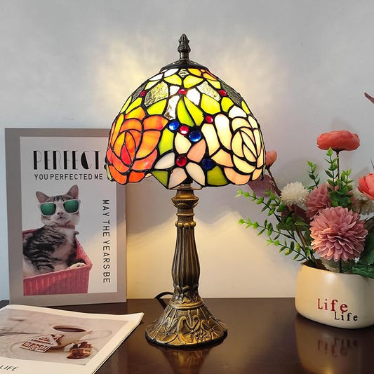 Small Tiffany Table Lamp 8 Inch Tiffany Style Desk Lamp Stained Glass Antique Light Decoration Bedroom Bedside Lamp Retro Reading Lamps (Yellow Pink Roses Style)