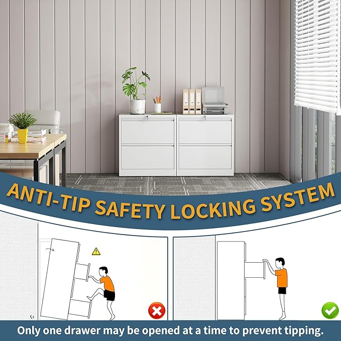 2 Drawer File Cabinet with Lock, Lateral Filing Cabinets,Metal Storage Filing Cabinets for Home Office, Heavy Duty File Cabinet for Letter/Legal/A4/F4 Size, Amssebly Required, White