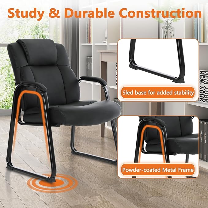 CLATINA Big Tall 500 LBS Wide Guest Chair Heavy Duty, Leather Side Reception Chairs with Sled Base and Armrest, Executive Office Desk Chair No Wheels for Meeting Conference Waiting Room Home, Black