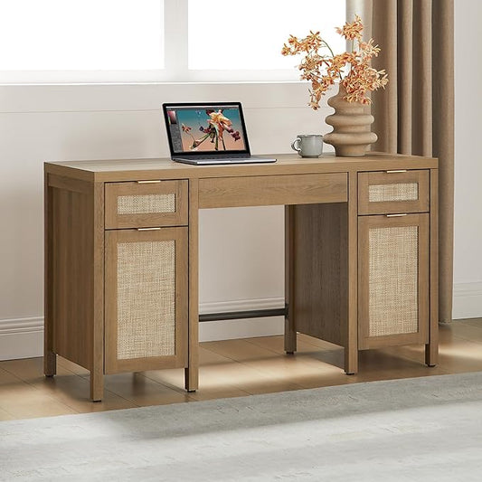 SICOTAS 52" Home Office Desk with Storage - Rattan Executive Desk with 3 Drawers and 2 Cabinets, Farmhouse Boho Larger Computer Writing Table for Study, Office, Living Room, Oak