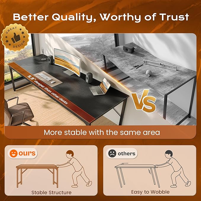 PRAISUN 70.8 X 29.5 Inch Computer Desk with Deeper Desktop, Gaming Office Writing Work Desk for Home Office, Study, Bedroom, Work from Home, Metal Frame, Black