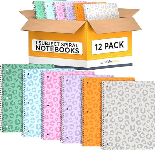 Spiral Notebooks College Ruled 1 Subject Spiral Notebook Pack of 12 Assorted Soft Colors, 8 x 10 1/2 Inch, 70 Sheets, Leopard Pattern Notebooks for Work & School