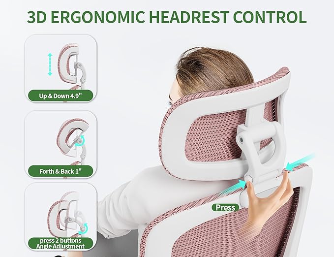 Office Chair Ergonomic Desk Chair, 4000 LBS Home Mesh Office Desk Chairs with Wheels, Computer Chair, Comfortable Gaming Chair with 3D Headrest, High Back Office Chair for Long Hours (Pink)