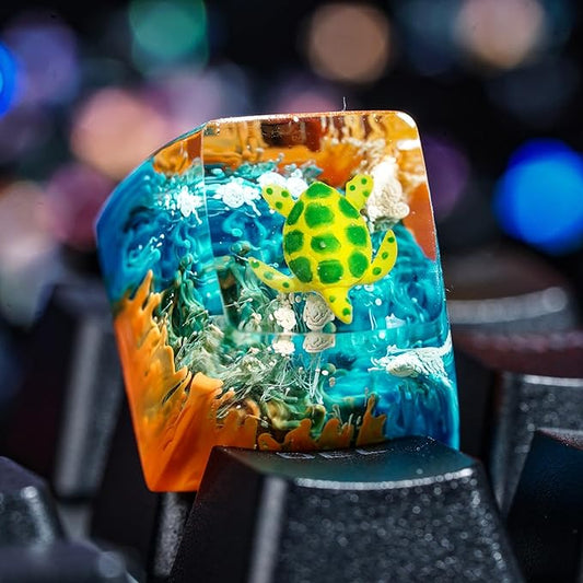 Sea Turtle Artisan Keycap Orange and Blue Coral R1 SA Profile Custom Sea Creatures Keycaps 1U ESC Handmade Gaming Ocean Resin Key Cap Cherry MX Switch Compatible Mechanical Keyboard Turtle Lover Gift