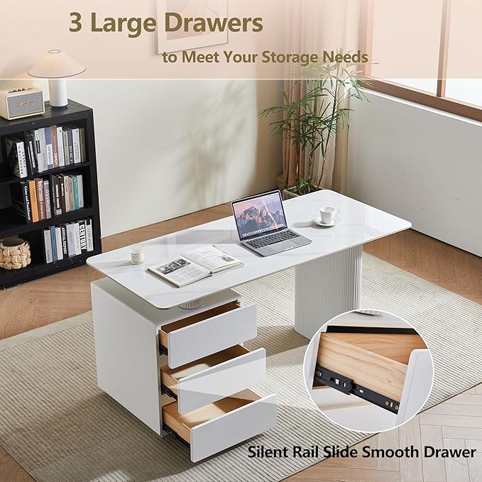 White Writing Desk with Drawers, 63 Inch Modern Computer Executive Office Desk with Sintered Stone Tabletop and Storage, Wood Home Office Desk for Bedroom, Living Room