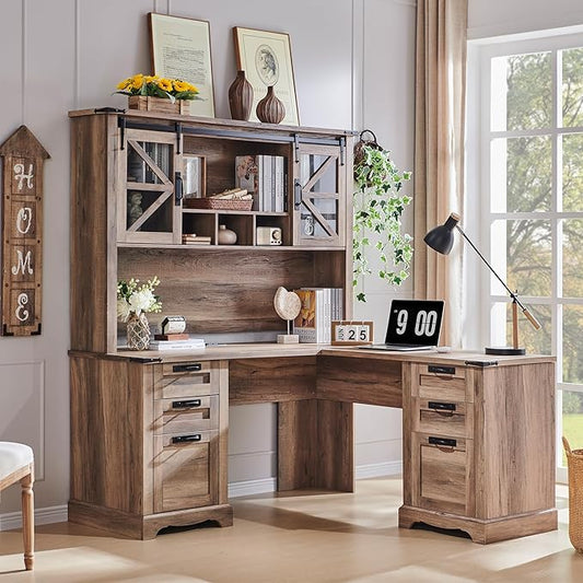 RedLemon 60" Farmhouse L Shaped Desk with Hutch, Wood Home Office Executive Desk with Drawer, Charging Station, File Drawer, Storage Cabinet, Rustic Writing Computer Desk (Rustic Natural Oak)