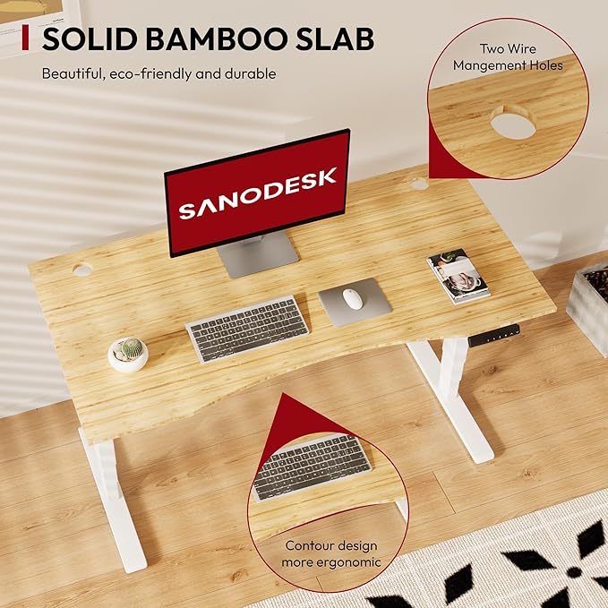 SANODESK 55 Inch 3 Stage Bamboo Electric Standing Desk, Dual Motor Height Adjustable Desk, Stable and Durable Sit to Stand Home Office Desk (White Frame/ 55” x 28” Curved Natural Bamboo Top)