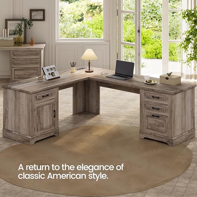 Itaar Farmhouse L Shaped Desk, Executive Computer Desk with Drawers and Storage Cabinet, Home Office Desk with File Drawer and Power Outlet, Corner Desk, Workstation for Office Home, Grey