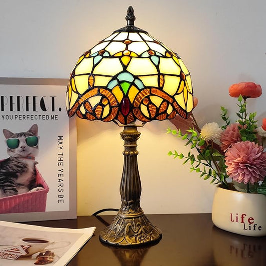 Small Tiffany Table Lamp 8 Inch Tiffany Style Desk Lamp Stained Glass Antique Light Decoration Bedroom Bedside Lamp Retro Reading Lamps (Beige Baroque Style)