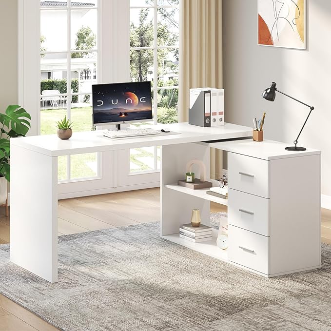 HSH White L Shaped Desk with Drawers Shelves, 360 Rotating L Shape Computer Desk with Storage Cabinet, Corner Home Office Desk Computer Table，55 Inch
