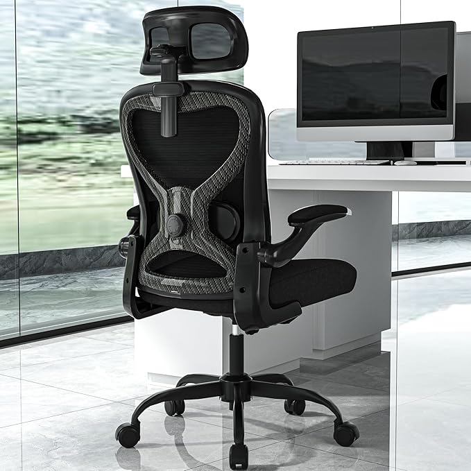 Office Chair for Back & Neck Pain Relief, Virgin Foam Seat, 2D Adjustable Lumbar & 3D Headrest, Flip-Up Armrests, Tilt & Rock for Relaxation, Black/Carbon Fiber