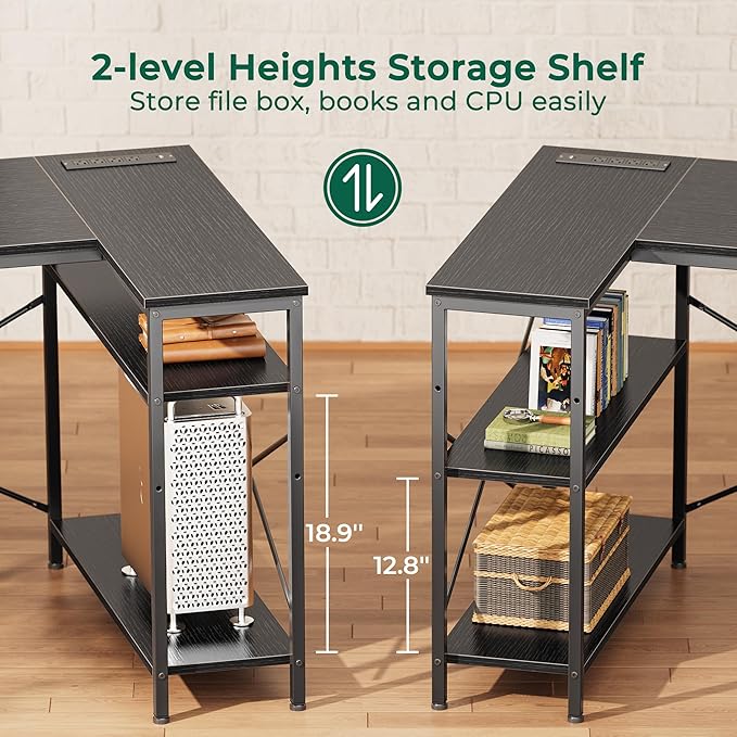 Huuger L Shaped Desk with Power Outlets, 63 Inch Reversible Computer Desk with 3 Drawers and Shelves, Home Office Table for Corner Work Study Writing Gaming, Black