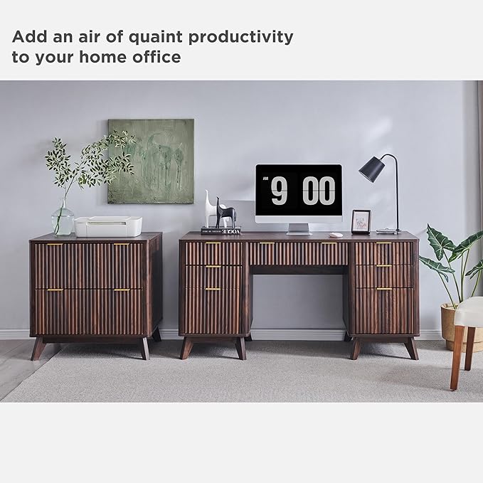 T4TREAM 60'' Fluted Executive Desk with Drawers, Modern Home Office Computer Desk with Charging Station, Keyboard Tray, File Drawer and Storage Cabinet for Study, Living Room, Bedroom, Dark Walnut