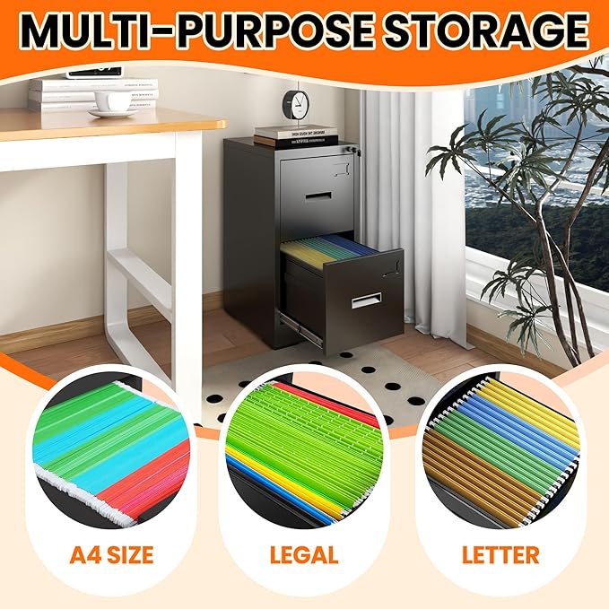 2-Drawer Locking Vertical File Cabinet, Metal Storage Cabinet for Office/Home – Secure Vertical Filing for Letter/Legal/A4/F4 Documents, Easy to Assemble Steel Cabinet
