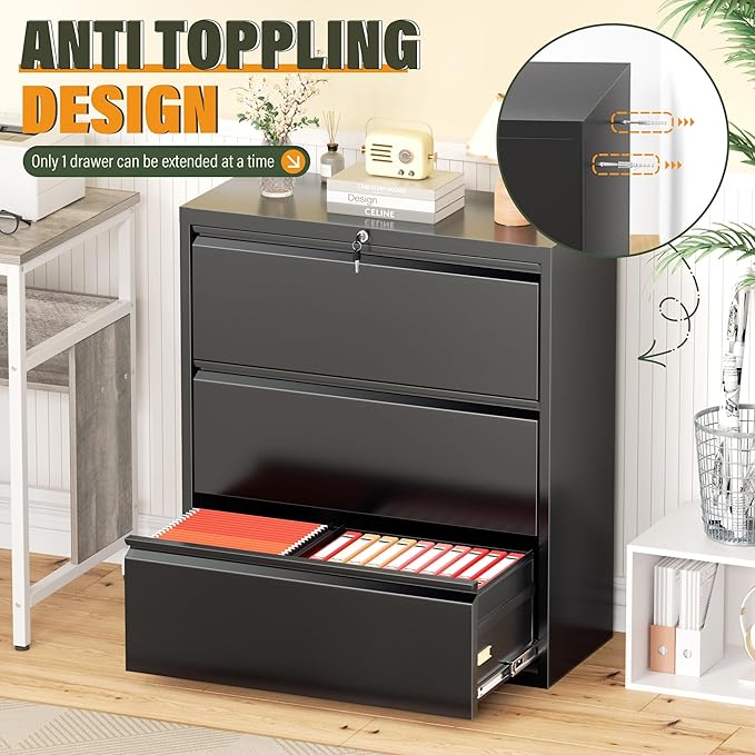 Greenvelly Lateral File Cabinet 3 Drawer, Lockable Metal Filing Cabinet for Home Office, Black Metal File Cabinet with Lock for Legal/Letter/A4/F4 Size with Hanging Bars&Key