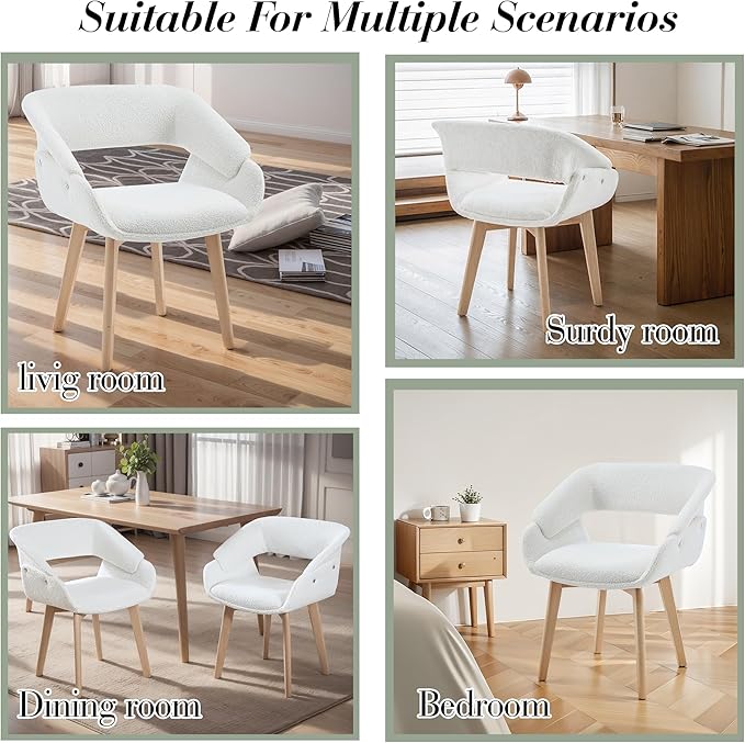 Home Office Desk Chair No Wheels Set of 6, Upholstered Boucle Modern Accent Side Armchair with Wood Legs Hollow-Out Back, for Vanity Living Dining Room Bedroom, Beige