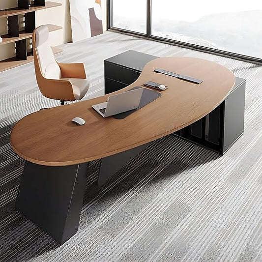 Home Office Desk - L Shape Office Table with Side Cabinet, Solid Wood Executive Desk with Large Desktop ＆ Desktop Power Supply, Novel Design (104IN)