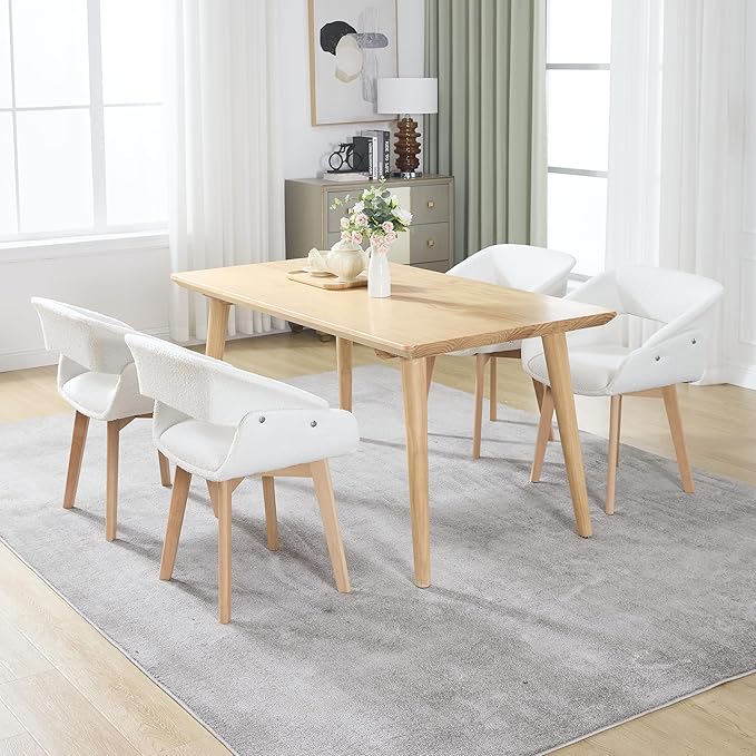 Home Office Desk Chair No Wheels Set of 6, Upholstered Boucle Modern Accent Side Armchair with Wood Legs Hollow-Out Back, for Vanity Living Dining Room Bedroom, Beige