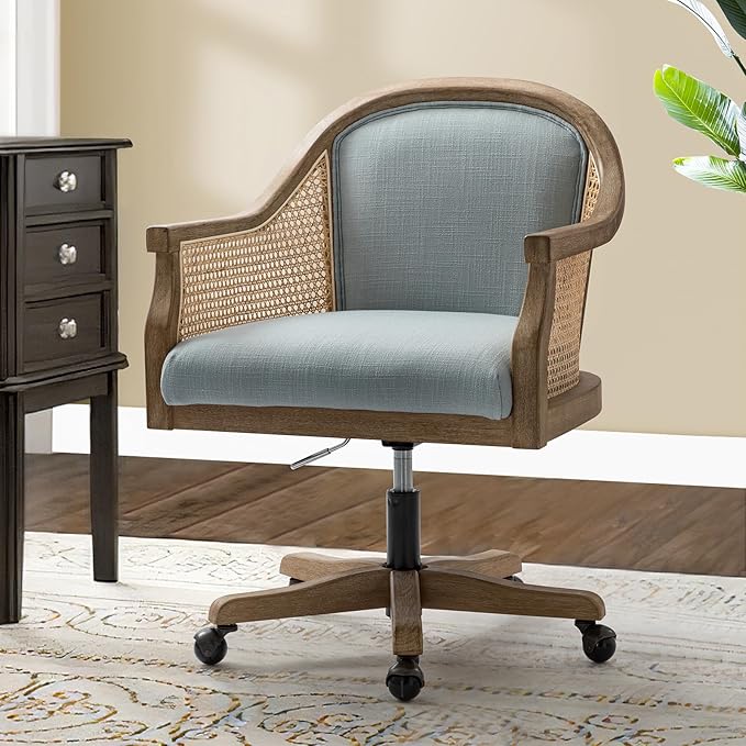 TINA'S HOME Rattan Desk Chair, Wood Upholstered Home Office Chair with Armrest, Adjustable Swivel Rolling Height Computer Task Chair for Living Room Bedroom Study Room, Blue