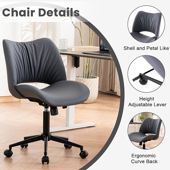 Rowill Armless Office Desk Chair, Ergonomic PU Leather Modern Task Chair with Back Adjustable Height, 360° Swivel Vanity Chairs with Wheels for Small Space, Home Office, Bedroom, Blueberry Purple