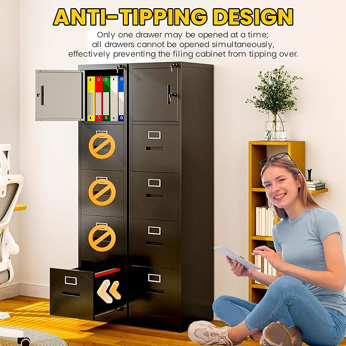 Vertical File Cabinet with 4 Drawers and 1 Door, Metal Filing Cabinet for Home Office, Lockable File Cabinets with Keys for Legal/Letter Size Hanging File Folders, Assembly Required, Black