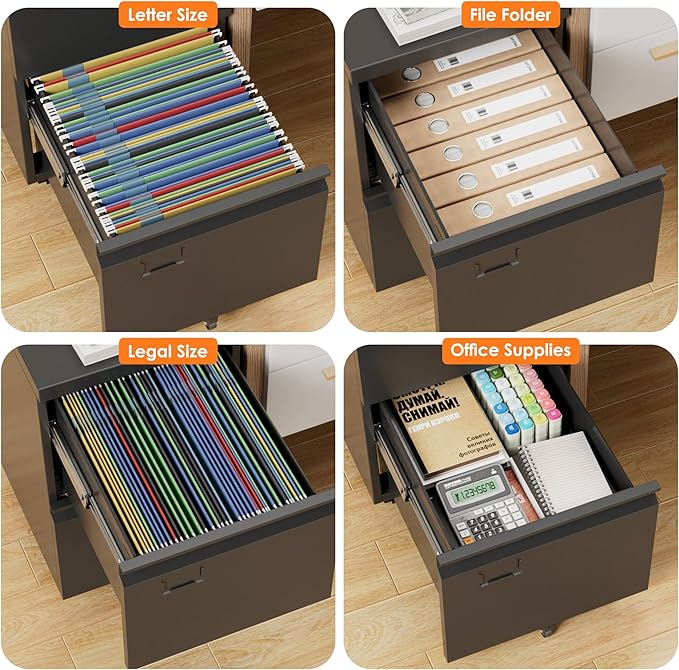 2 Drawers Metal File Cabinet with Lock, Under Desk Mobile Filing Storage Cabinet with Business Card Slot for Letter/Legal/F4/A4 Size Folders,Required Assembly,14.57"W x 17.36"D x 25.79"H,Black
