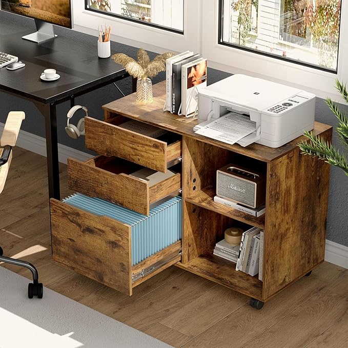 File Cabinet with 3 Drawers, Mobile Lateral Filing Cabinet with Open Storage Shelves for Home Office Under Desk Storage, Brown