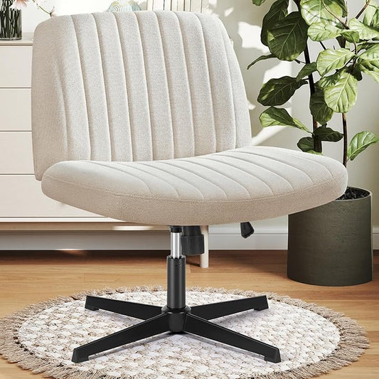 DUMOS Desk Chair No Wheels, Criss Cross Chair Wide Cross Legged Office Desk Vanity Comfy Chair, Armless Adjustable Swivel Chairs for Home Computer Task Beige