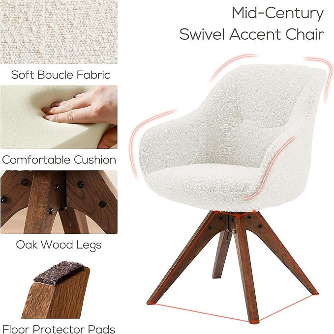 Art Leon Desk Chair No Wheels, Mid Century Modern Office Chair, Swivel Accent Chair with Oak Wood Legs, Boucle Fabric Upholstered Arm Chair, White
