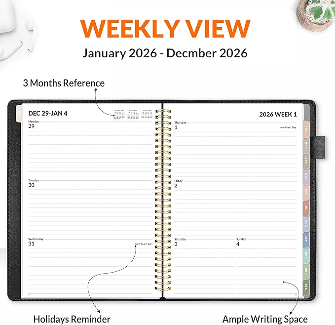 SUNEE 2026 Weekly & Monthly Planner 9"x11.2"- 12 Month (January 2026 - December 2026), Vegan Leather Cover, Pocket, Bookmark, Notes, Monthly Tab, Black