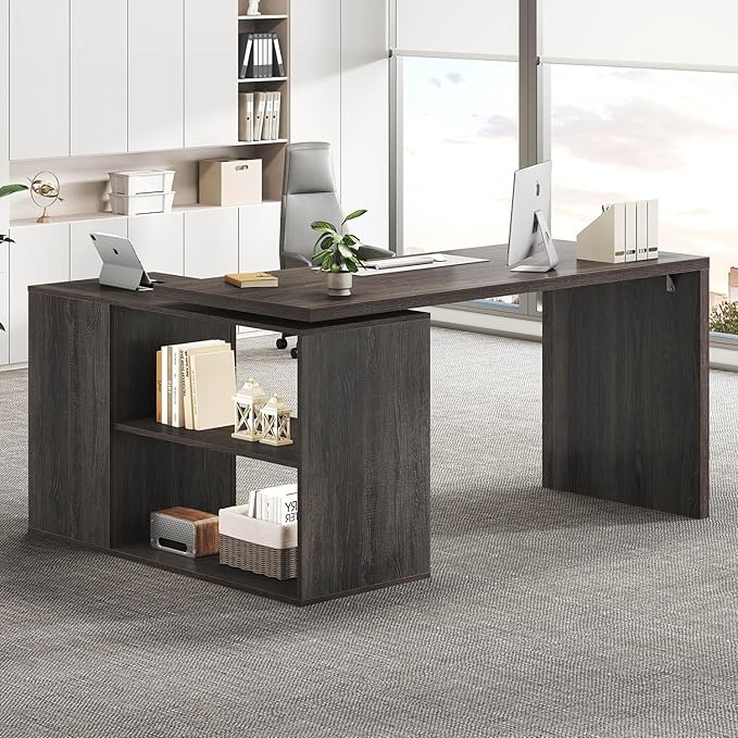 HSH L Shaped Computer Desk with Drawers, 360 Rotating L Shape Desk with Storage Cabinet Shelves, Industrial Home Office Desk for Executive Writing Study Work, Dark Wood Table Swivel Desk, Gray 55 Inch