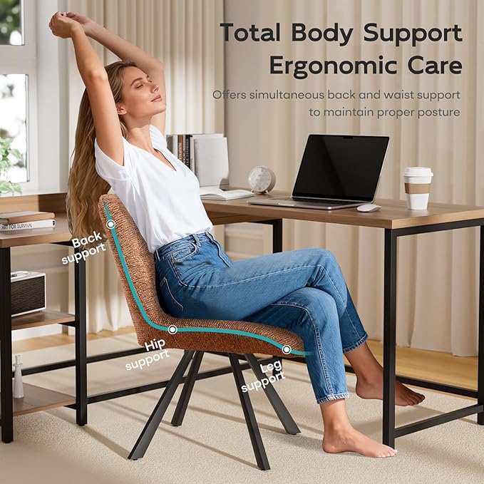 Mid Century Modern Armless Desk Chair No Wheels, Swivel Accent Chair, Velvet Upholstered Swivel Vanity Chair with Back and Metal Legs for Bedroom, Home Office, Caramel Brown