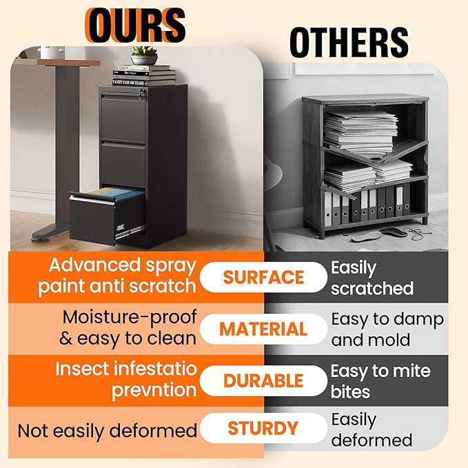 3-Drawer Locking Vertical File Cabinet, Metal Storage Cabinet for Office/Home – Secure Vertical Filing for Letter/Legal/A4/F4 Documents, Easy to Assemble Steel Cabinet, Black (Black, 3 Drawer-40"H)