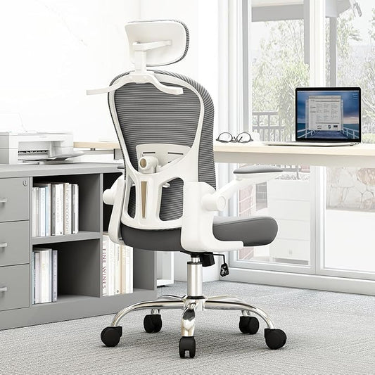 TLLMOON-6066 All-Around Fine-Tuned Comfort Chair. Liftable seat, 4D Lumbar Support, 2D armrests with headrest, Headrest, Hanging bar. Office, Home, Study(W-Grey)