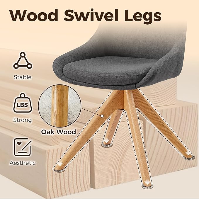 Art Leon Mid Century Modern Desk Chair No Wheels, Swivel Upholstered Armchair with Solid Wood Legs for Home Office, Fabric, Gray