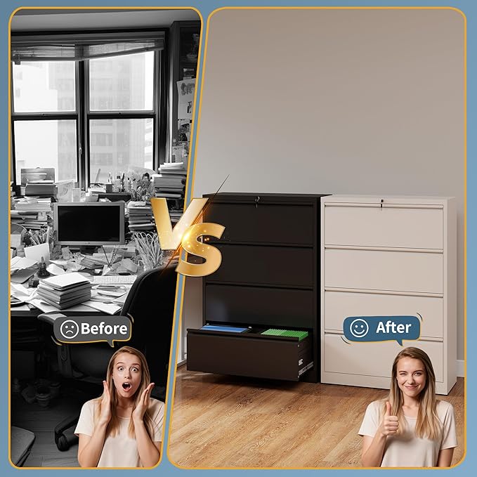 4 Drawer File Cabinet with Lock, Lateral Filing Cabinets,Metal Storage Filing Cabinets for Home Office, Heavy Duty File Cabinet for Letter/Legal/A4/F4 Size Amssebly Required, White