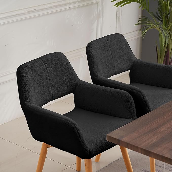 Mid Century Modern Dining Chairs Set of 6 & 4 & 2 Comfy Accent Chair Upholstered Kitchen Dining Living Room Chairs for Bedrooms Waiting Room Home Arm Desk Chair No Wheels (Wool Black, 6)