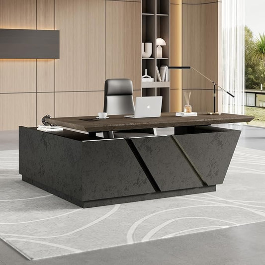 SAINTCY Adjustable Executive Desk - Luxury L Shaped Desk with Drawers, Large Table with File Cabinets, Executive Office Desks with LED Light Strip Home Office Desk for Professionals