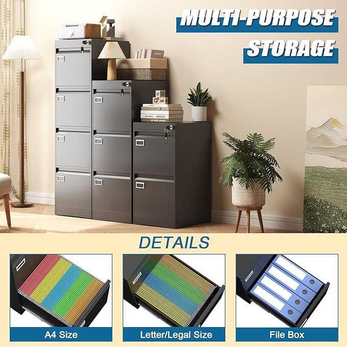 4 Drawer File Cabinet with Lock, Metal Vertical Filing Storage Cabinet, Black Filing Cabinets for Home Office, Narrow File Cabinet Locked for A4/F4/Letter/Legal, Easy Assemble