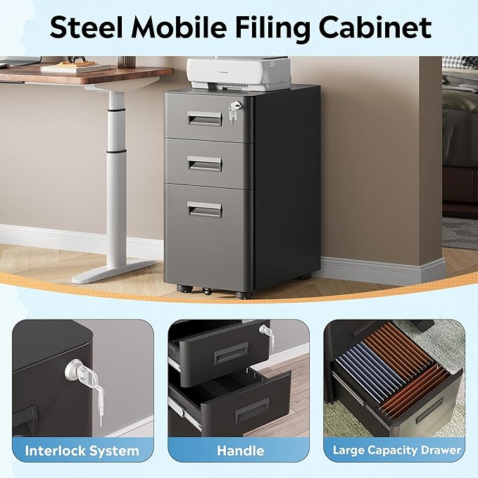 DEVAISE 3-Drawer File Cabinet, Black Locking Filing Cabinet on Wheels, Fully Assembled Mobile File Cabinet for Office Home, 17.7" D x 11.8" W x 22.8" H