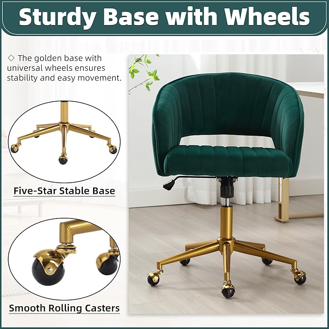 ABET Desk Chair with Wheels, Velvet Home Office Chair, Swivel Armchair Gold Base, Upholstered Modern Accent Chairs, Back Incline Adjustable for Living Room Bedroom Vanity, Dark Green