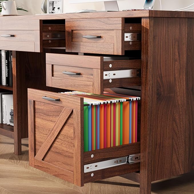 VOWNER Executive Desk with File Drawer, Farmhouse Office Desk with Charging Station, Computer Desk Workstation for Home Office, Walnut