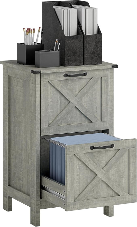 HOMCOM 2 Drawer Vertical File Cabinet with Silent Slides, Rustic Farmhouse Filing Cabinet with Barn Doors for A4/Letter Size, Printer Stand with Storage for Home Office, Distressed Light Gray