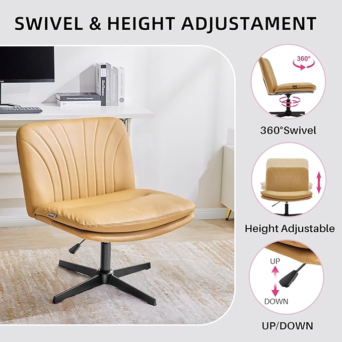 Redlife Leather Swivel Desk Chair Cross Legged Office Chair Wide Accent Chairs Height Adjustable Criss Cross Chairs, Wrapped Double Cushion, for Living Room Bedroom Reading Room (Brown)