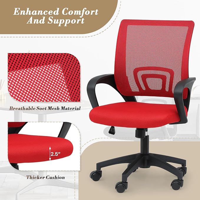 Athena Collection Computer Office Chair Set of 2, Ergonomic Desk Chair with Rolling Wheels, Mesh Back Support and Height Adjustable, Small and Comfy for Home Office, Study, Red