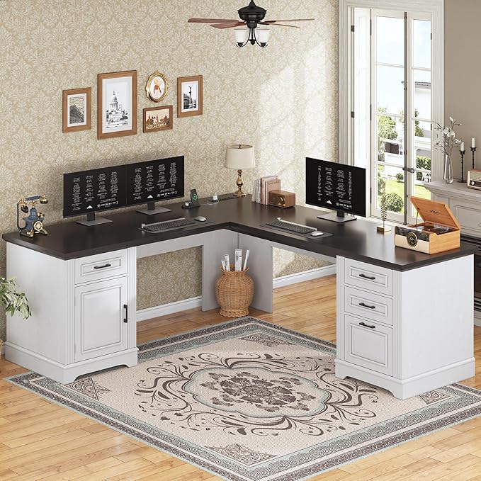 SEDETA Farmhouse 69" Executive L Shaped Desk, Home Office Desk with Drawers and Storage Cabinet & Power Outlet, Corner Computer Desk, White