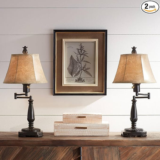 Regency Hill Andrea 22 1/2" High Small Farmhouse Rustic Traditional Desk Lamps Set of 2 Smart Socket Swing Arm Brown Bronze Finish Metal Shade Home Office Living Room Bedroom Bedside Nightstand