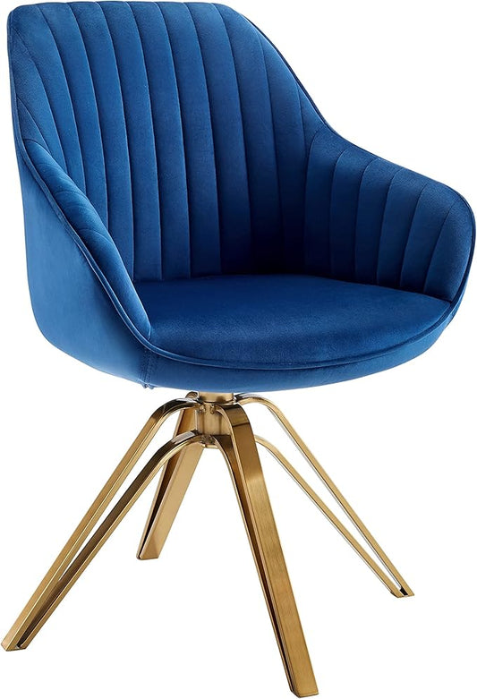 Zouron Mid Century Modern Swivel Accent Chair with Gold Metal Legs, Upholstered Swivel Chair No Wheels, Side Accent Arm Chair Vanity Chair for Small Space Home Office Living Room Bedroom, Dark Blue